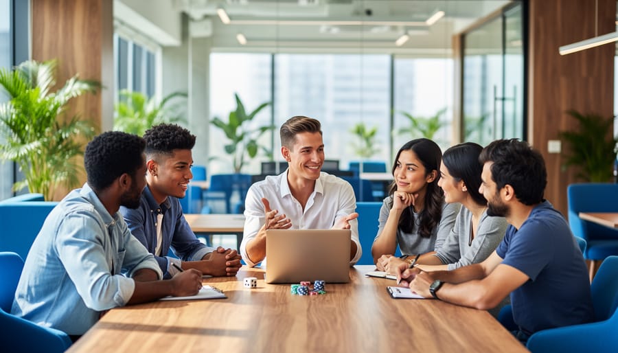 Diverse young entrepreneurs and a mental health advisor work around a laptop in a sunlit coworking space, with a die and poker chips on the table and a softly blurred background.