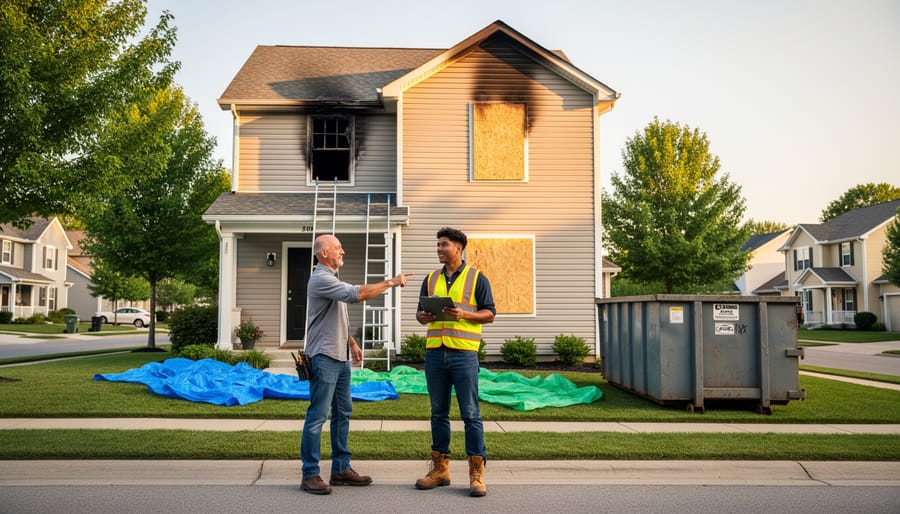 Young real estate entrepreneur with a clipboard speaks with a contractor in front of a smoke-damaged suburban house at golden hour; a ladder, tarps, and a plain dumpster suggest active repairs, with a leafy neighborhood in the background.
