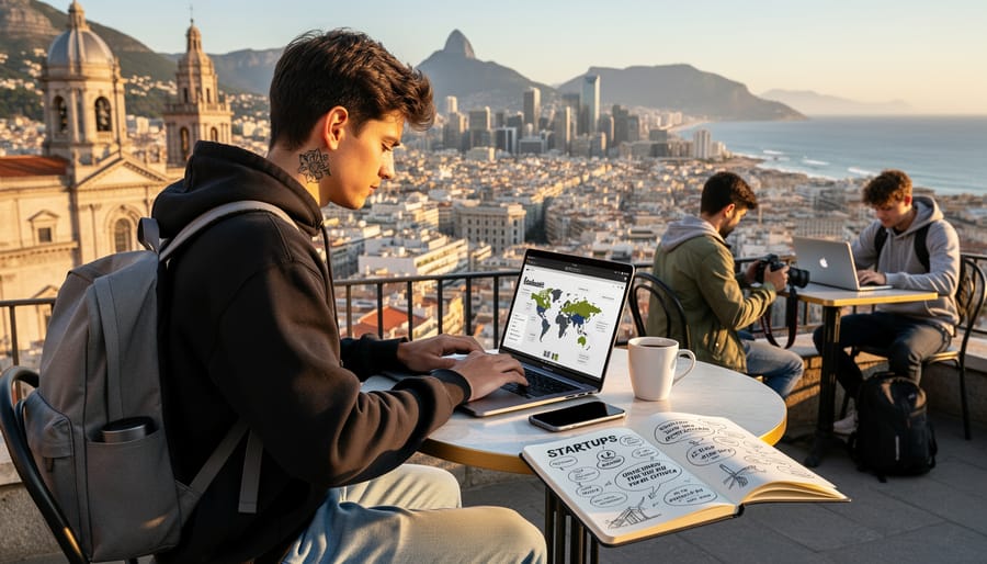 Young professional working remotely with mountain landscape view from workspace