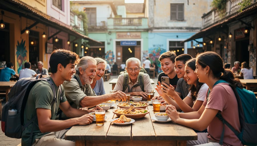 Young travelers working and connecting at outdoor cafe in local market setting