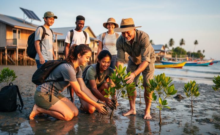 Diverse group of young travelers and a local guide kneeling in wet sand to plant mangrove saplings at golden hour, with reusable water bottles and biodegradable buckets in the foreground and softly blurred wooden homestays with solar panels and small boats in the background.