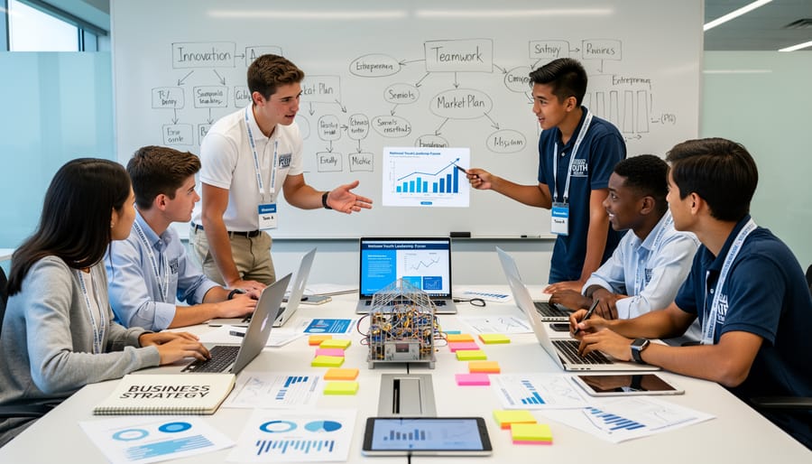 Diverse group of high school students collaborating on business project with laptops and notebooks