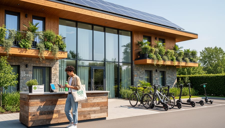 Traveler at sustainable eco-lodge overlooking forest canopy with solar panels