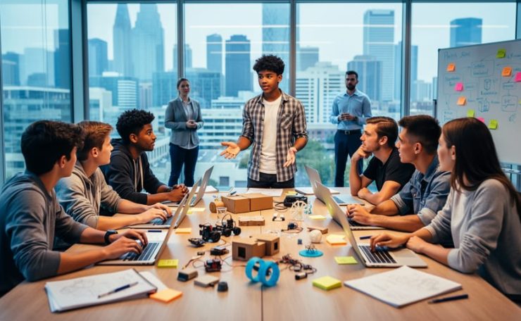 Diverse high school students collaborate around a table in a modern innovation lab, one presenting to the team while a mentor observes through glass; laptops and prototype materials on the table; soft natural light; background whiteboard with unreadable sticky notes.