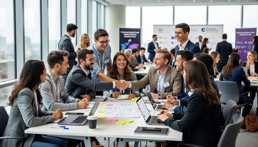 Diverse group of young leaders networking and connecting in modern forum venue