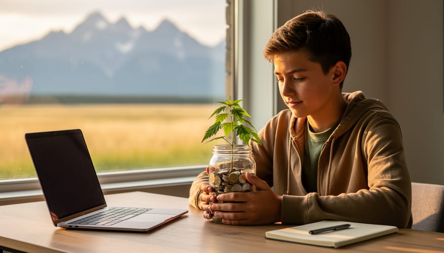 Teen in Alberta holding a jar of Canadian coins with a small plant sprouting from it at a sunlit table, with a laptop and blank notebook nearby and prairie fields with distant Rockies outside the window.