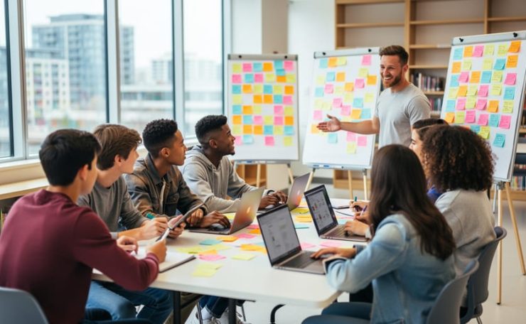 “Diverse Canadian youth and a mentor collaborating at a table in a community classroom with blurred boards, books, and laptops in the background.”