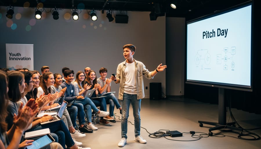 Young person preparing a prototype and laptop at a youth entrepreneurship pitch event