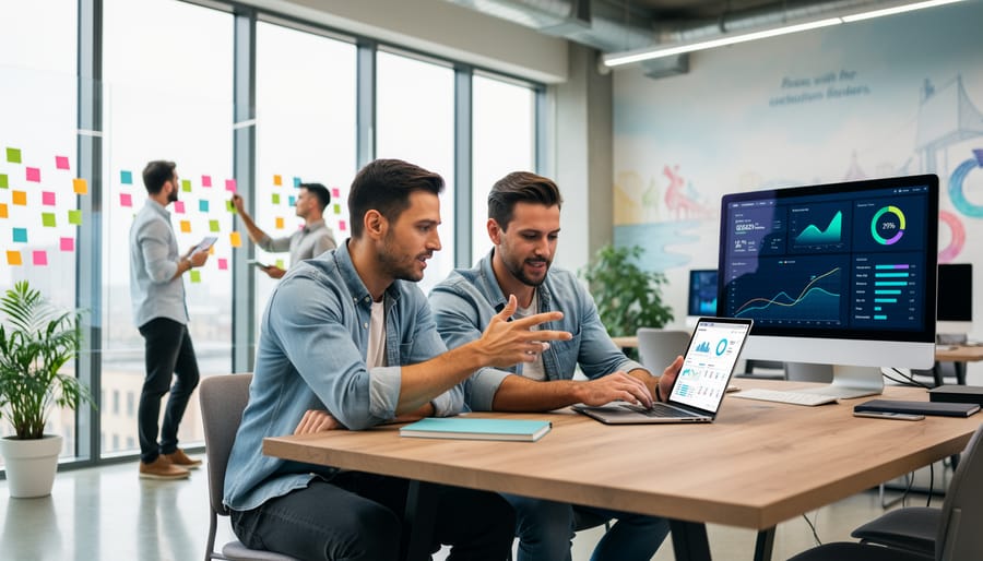 Young entrepreneur and IT specialist collaborating over a laptop in a coworking space
