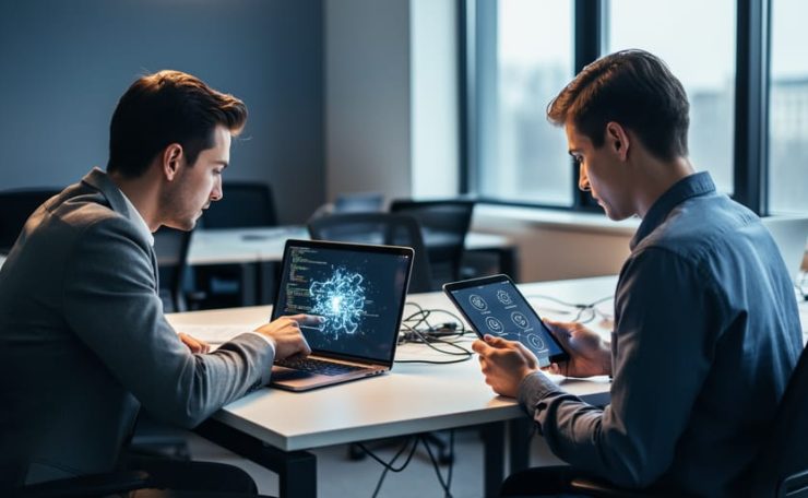 "Two young entrepreneurs collaborating at a modern desk with laptop and tablet displays showing abstract, non-text technology visuals."