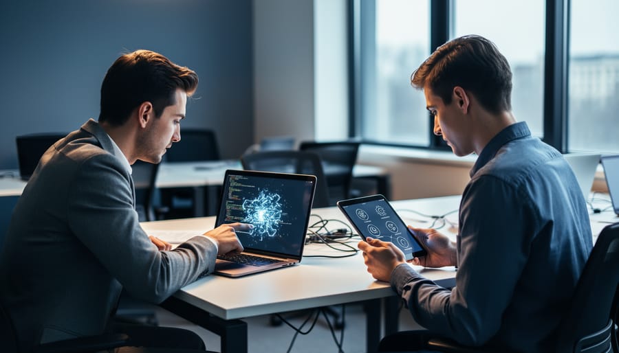 "Two young entrepreneurs collaborating at a modern desk with laptop and tablet displays showing abstract, non-text technology visuals."