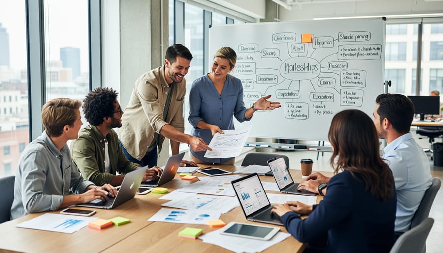 Startup team in a meeting room collaborating while viewing unlabeled printed materials
