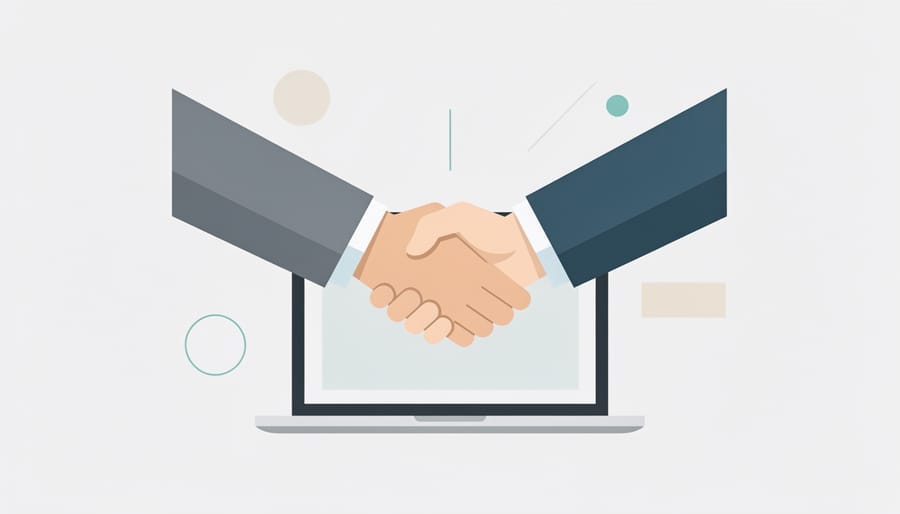 Handshake gesture between two people over a laptop on a desk