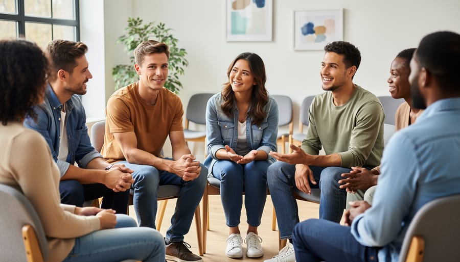 Young adults in a community circle listening with attentive eye contact during a listening session