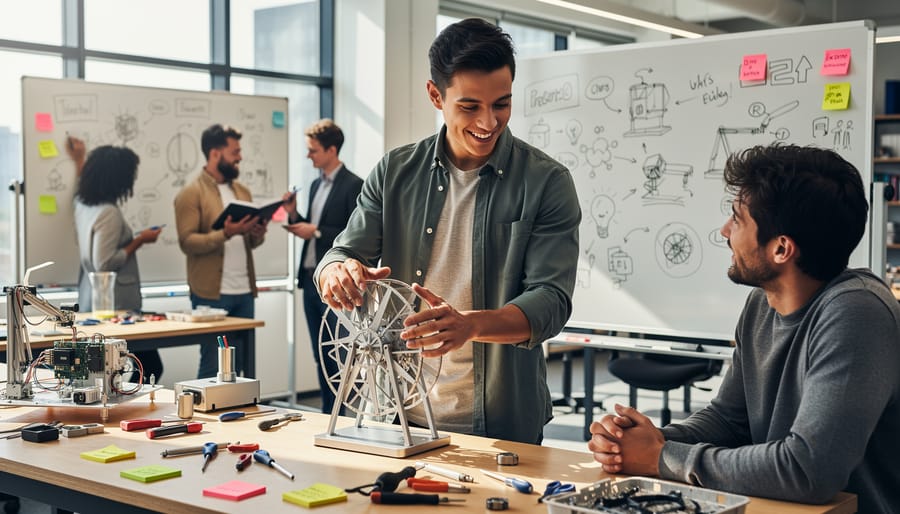 Young entrepreneur adjusting a prototype in a workshop with soft sunlight and blurred background
