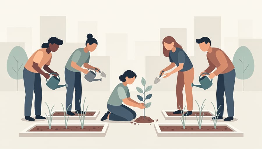 Young woman holding a sapling while volunteers plant seedlings in a community garden