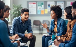 Diverse group of young leaders sitting in a circle, making eye contact and listening with caring, empathetic body language in a community meeting setting.