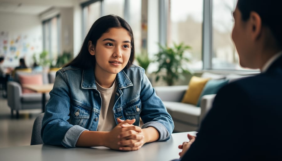 Young changemaker listening closely to someone speaking at an outdoor community table.